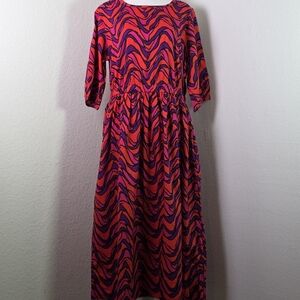 Piombo Bold Abstract Print Midi Dress Medium Red&Purple Wave Pattern Puff Sleeve